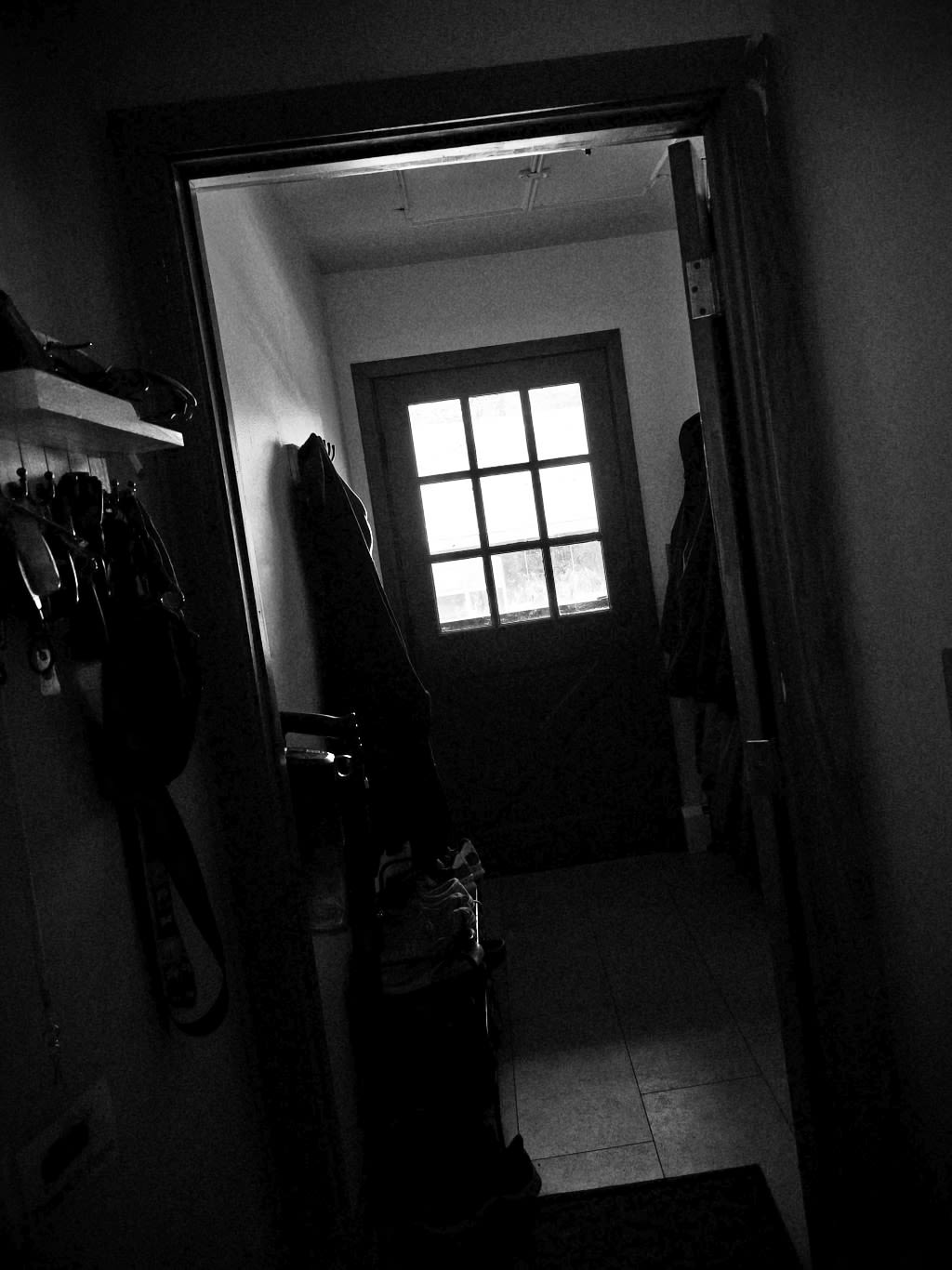 A dark, black and white mudroom of a house. Restricted sunlight streams in through the cell-like glass of the closed front door, barely illuminating the crooked room.